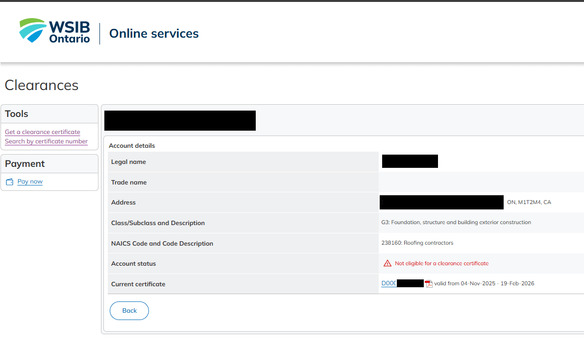 WSIB Account Ineligible but Certificate Valid